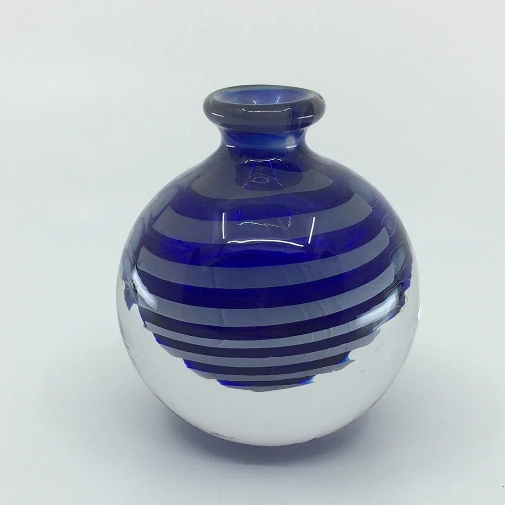 Vintage Cobalt Blue Swirl Glass Vase Paperweight Collectible Art Glass Round